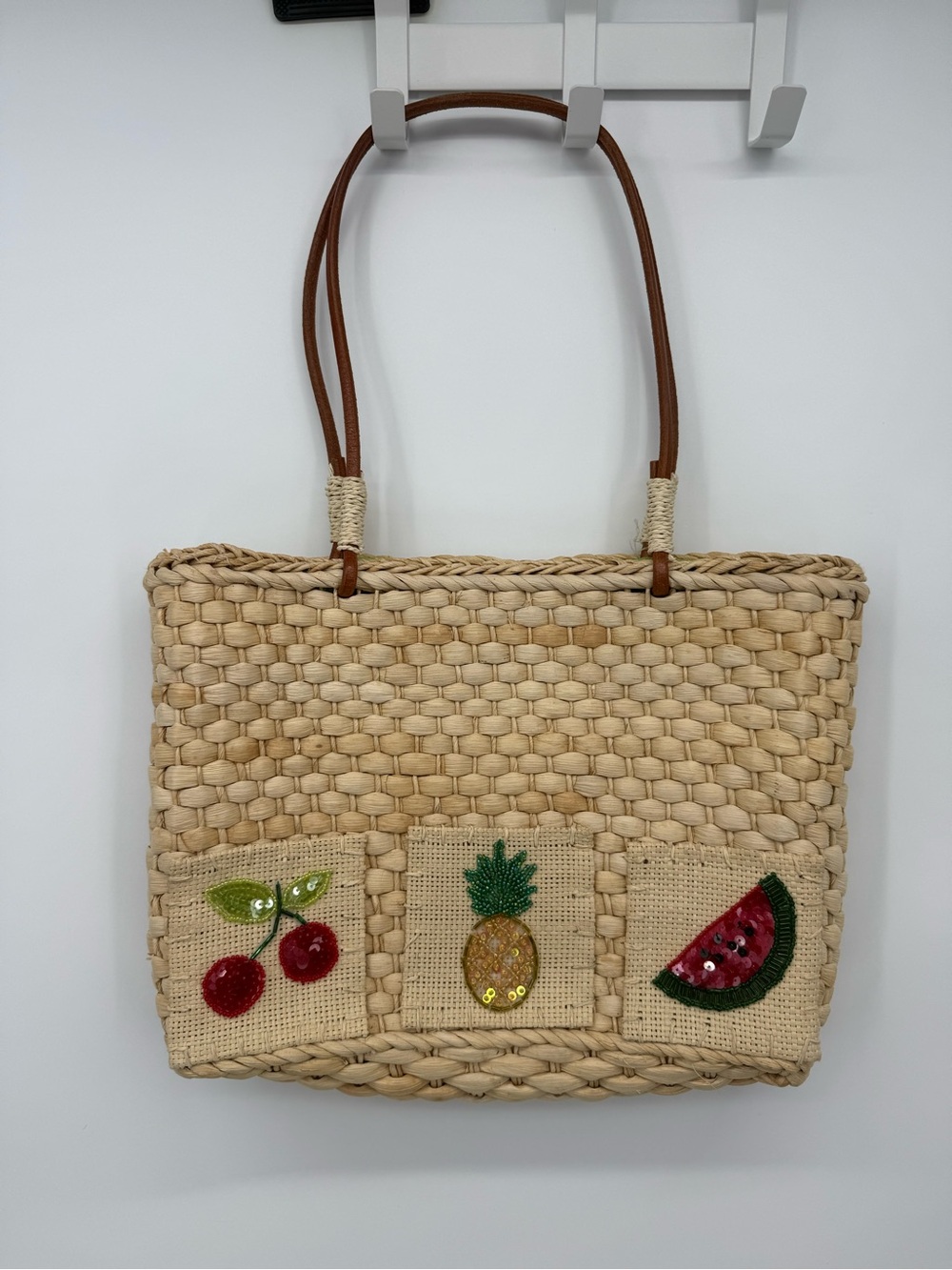 Unbranded Straw Tote Bag Fruit Print Beaded Gingham Boho Cherry Vacation - Picture 2 of 16